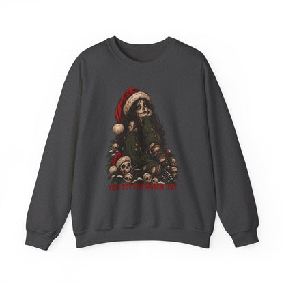 Creepy Santa Skull Crewneck Sweatshirt — "You Better Watch Out" Horror Christmas Sweater