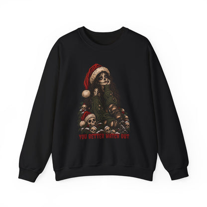 Creepy Santa Skull Crewneck Sweatshirt — "You Better Watch Out" Horror Christmas Sweater