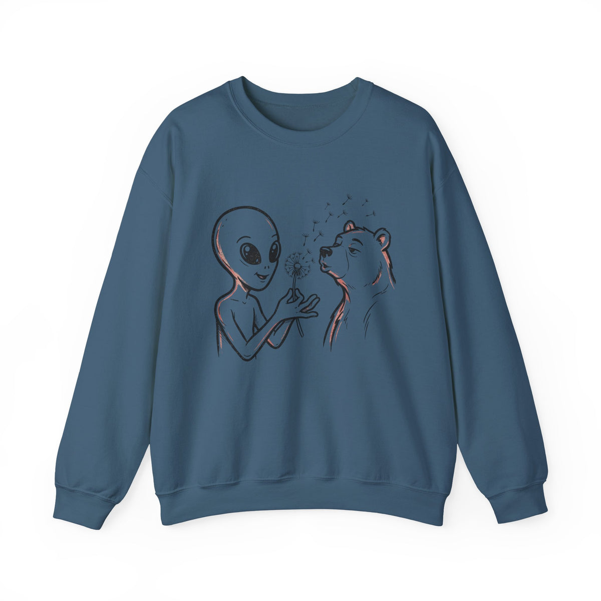 Alien & Bear Dandelion Crewneck Sweatshirt — Whimsical Storybook Graphic