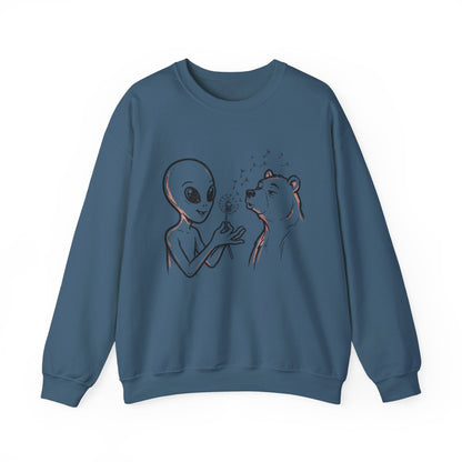 Alien & Bear Dandelion Crewneck Sweatshirt — Whimsical Storybook Graphic