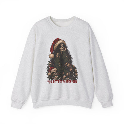 Creepy Santa Skull Crewneck Sweatshirt — "You Better Watch Out" Horror Christmas Sweater